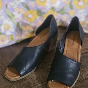 Elegant LUCKY BRAND Edgy Black Leather Open-Toe Women's Heels